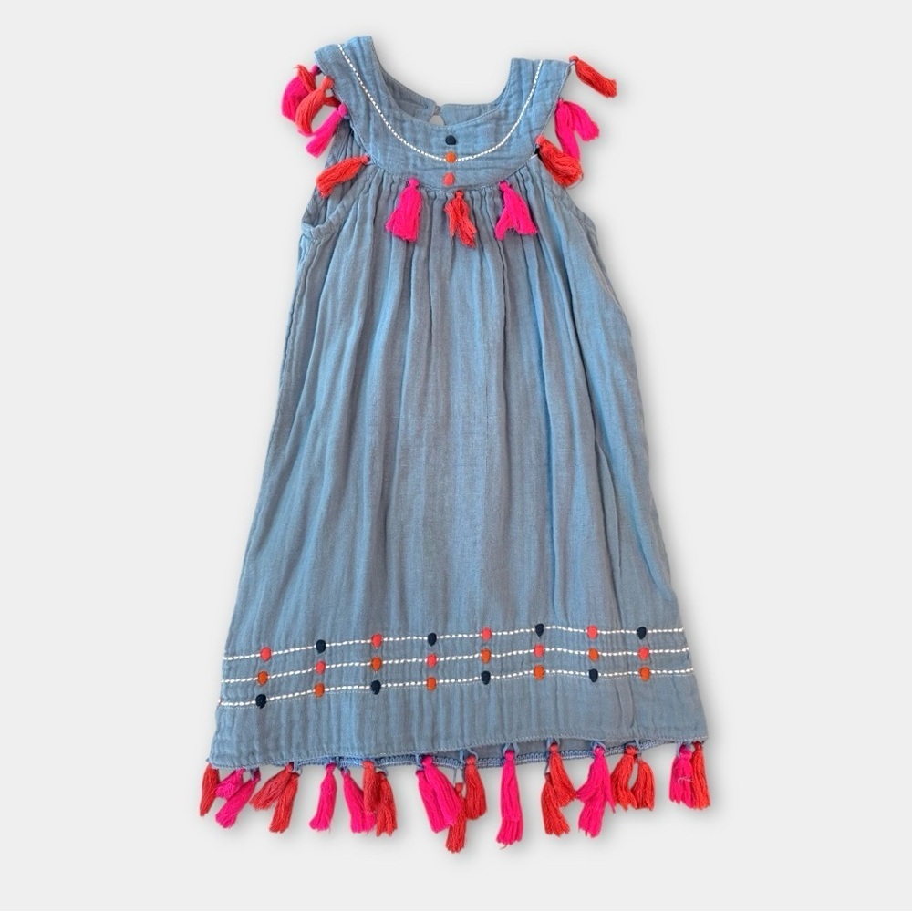 MER ST. BARTH Girls Dress – Size 4 – Blue w/ Bright Pink Tassels – Resortwear
